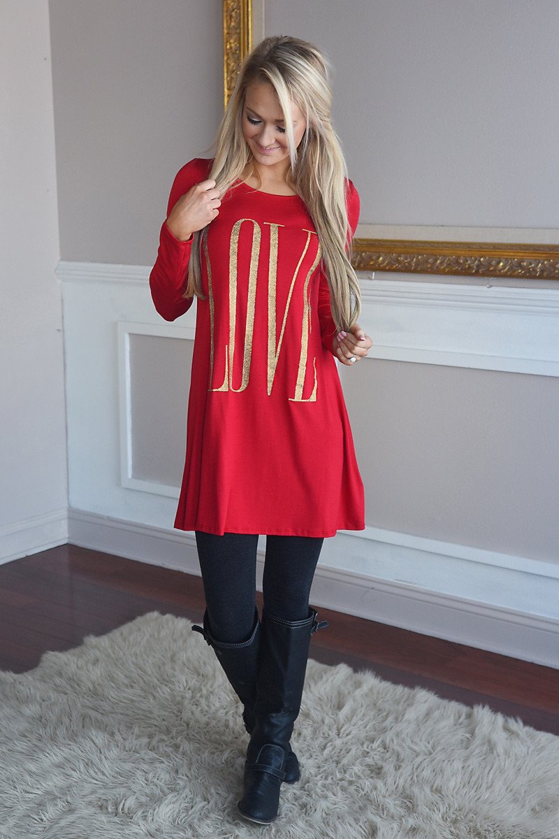 LOVE Tunic Top Red ~ Gold Glitter