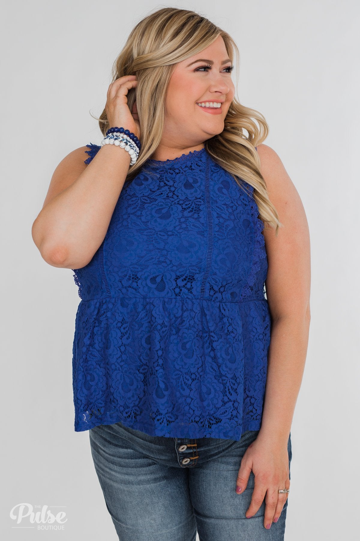 Flirty in Lace Tank Top- Royal Blue