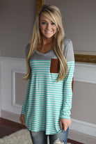 Mint Striped Elbow Patch Top