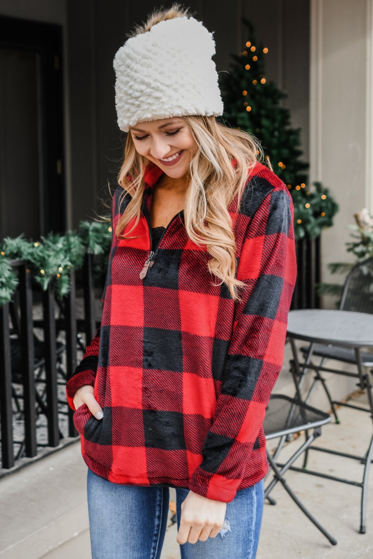 Buffalo plaid sherpa pullover sale