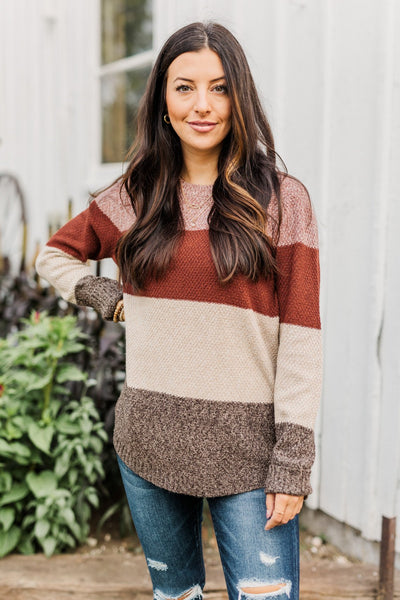 All About Autumn Color Block Knit Sweater- Deep Rust & Oatmeal – The ...