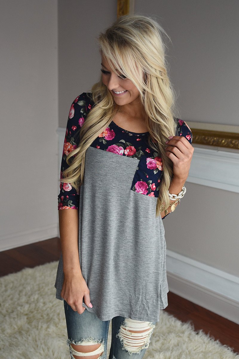 Spring Garden Floral Top ~ Navy