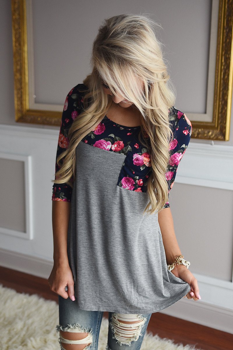 Spring Garden Floral Top ~ Navy