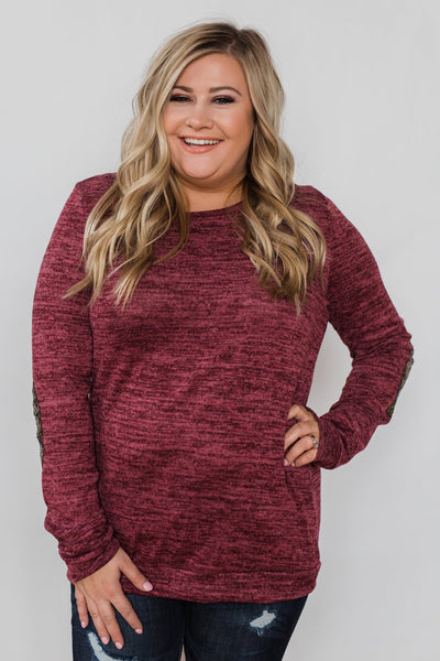 Just Enough Sequin Elbow Patch Sweater- Plum – The Pulse Boutique